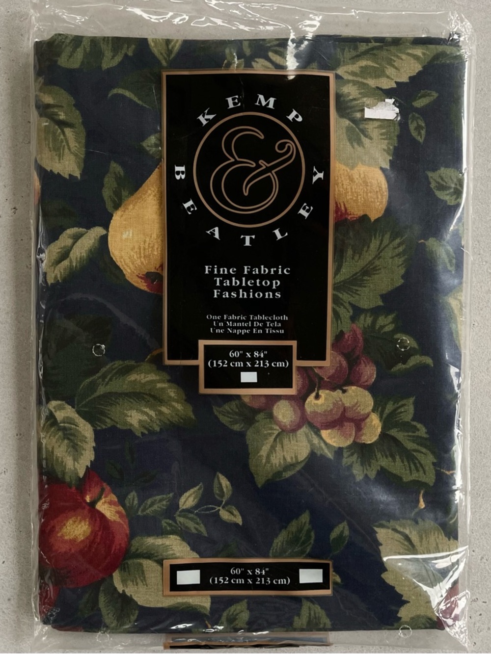 Vintage Kemp & Beatley NEW Sonoma Fruit Fabric Tablecloth 60x84" Oblong Navy